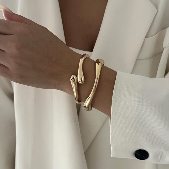 Gold 2 Sets Bangle Bracelets for Women and Teens Adjustable Chunky Twist Cuff - Picture 4 of 6